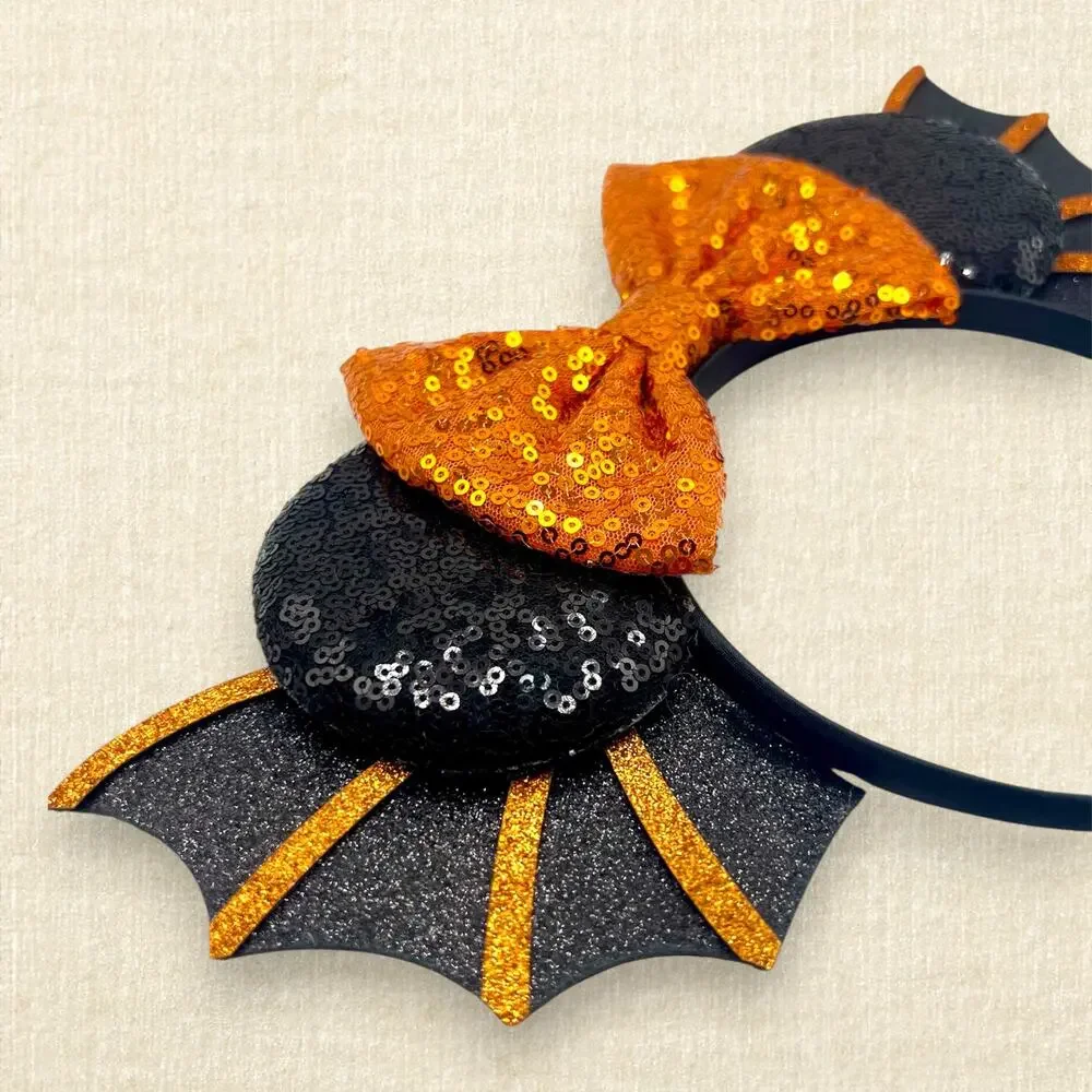 Orange & Black Sequin Bat Minnie Ears | Disney-Inspired Halloween Mouse Ears